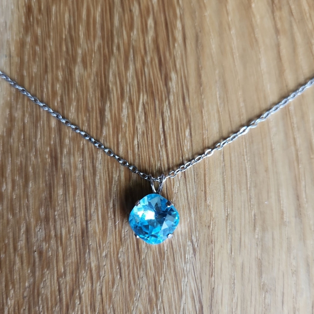 Silver Chain Necklace, Blue Crystal Pendant, Hand Crafted - Picture 2 of 9